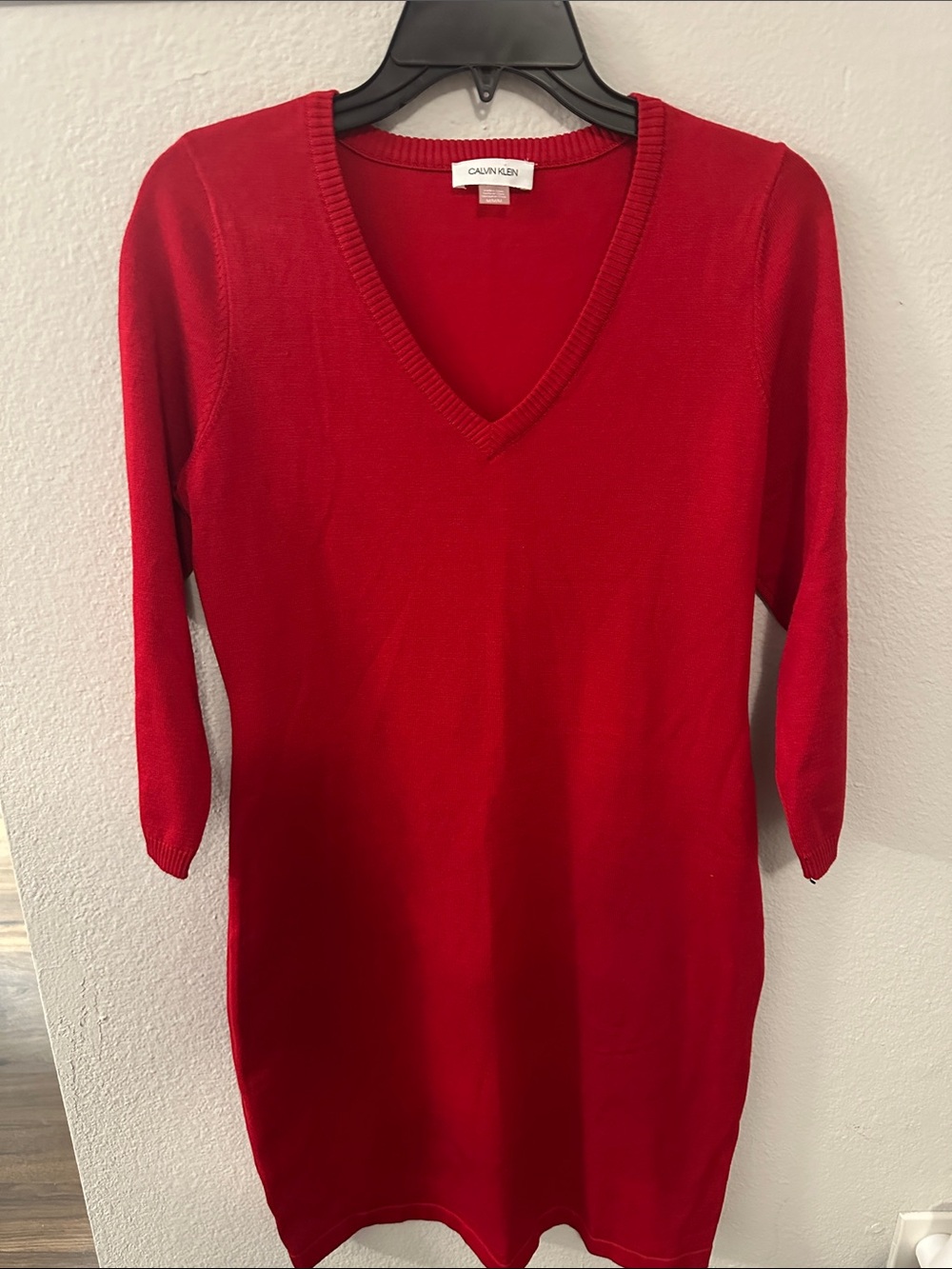 Calvin Klein Bright Red V-Neck Knit Sweater Dress